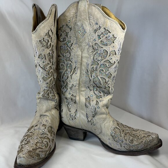 WOMEN'S WHITE GLITTERED INLAY AND CRYSTALS SNIP COWBOY BOOT 9M - Picture 2 of 16